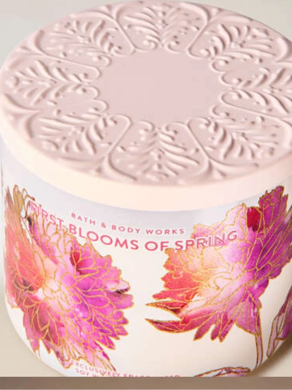 Bath & Body Works Floral 3-Wick Candle - Pink & Purple Gold Accents